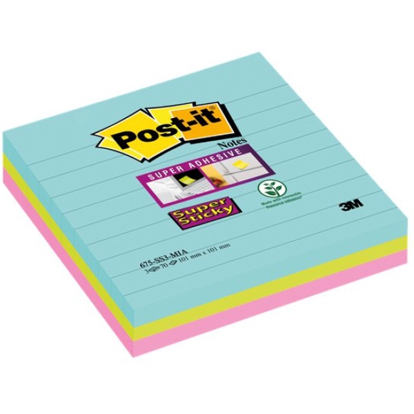 Foglietti Post-it&reg; Super Sticky Formato XL - 101x101 mm - : acqua , verde , rosa  - 675 (conf.3)