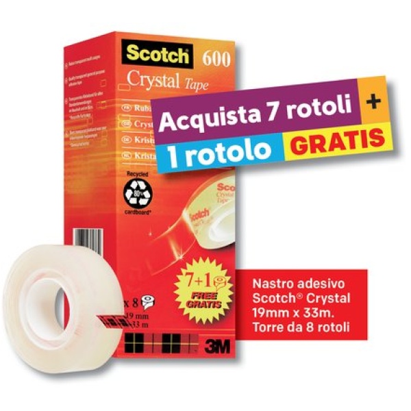 Value Pack nastro adesivo Crystal Scotch&reg; 600 - 19 mm x 33 m - VP 8RT  CRYSTAL 600 (conf.7+1)
