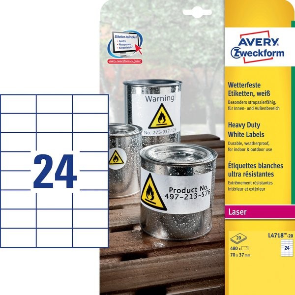 Etichette in poliestere Avery - laser - bianco - 70x37 mm - et/ff 24 - L4718-20 (conf.20)