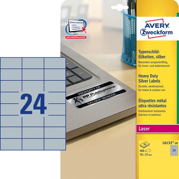 Etichette in poliestere Avery - laser - argento - 70x37 mm - et/ff 24 - L6133-20 (conf.20)