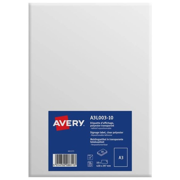 Etichette A3 in poliestere Avery - da -7&deg;C a +60&deg;C - 297x420 mm - A3L003-10 (conf.10)