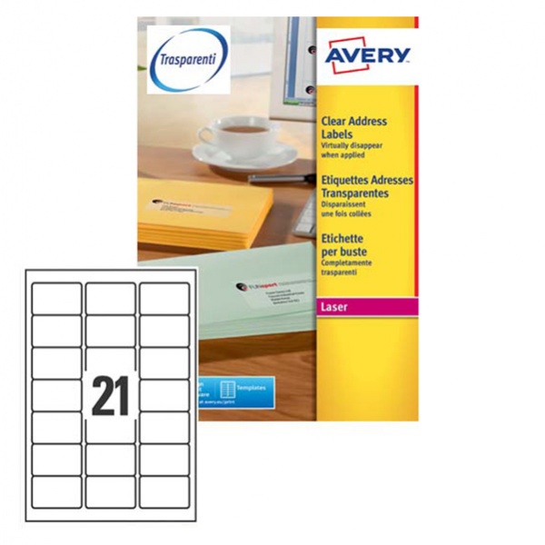 Poliestere adesivo l7560 trasparente 25fg A4 63,5x38,1mm (21et/fg) laser avery - Z01737