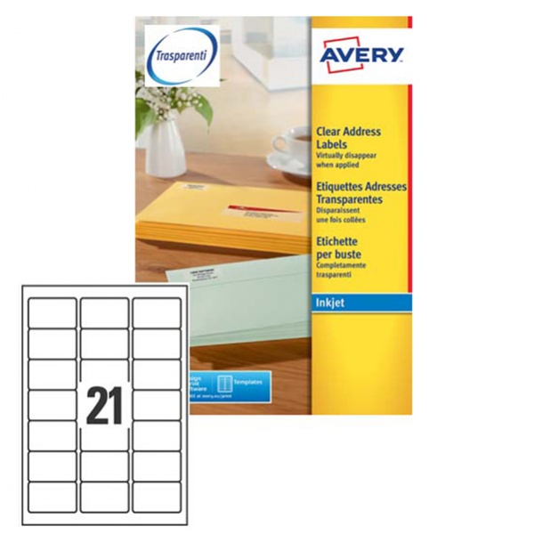 Poliestere adesivo j8560 trasparente 25fg A4 63,5x38,1mm (21et/fg) inkjet avery - Z01741