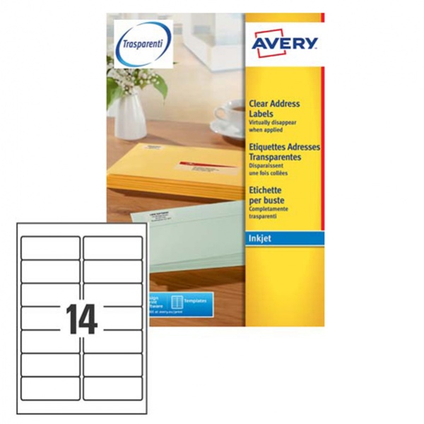 Poliestere adesivo j8563 trasparente 25fg A4 99,1x38,1 (14et/fg) inkjet avery - Z01743