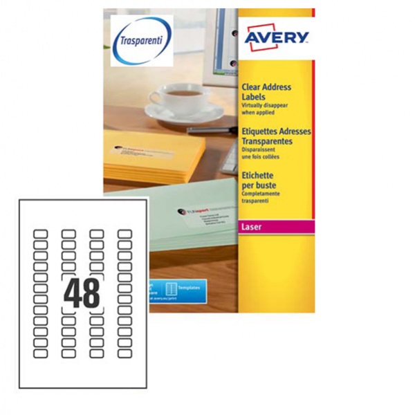 Poliestere adeisvo l7553 trasparente 25fg A4 22x12,7mm (48et/fg) laser avery - Z01747