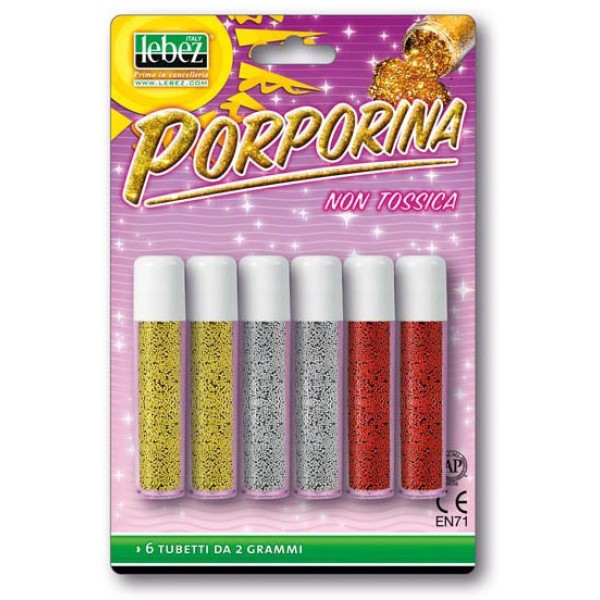 Busta 6 tubi porporina glitter assortito 2gr lebez - Z02039
