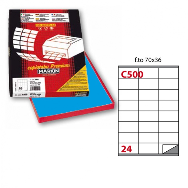 Etichetta adesiva c/500 blu 100fg A4 70x36mm (24et/fg) markin - Z02369