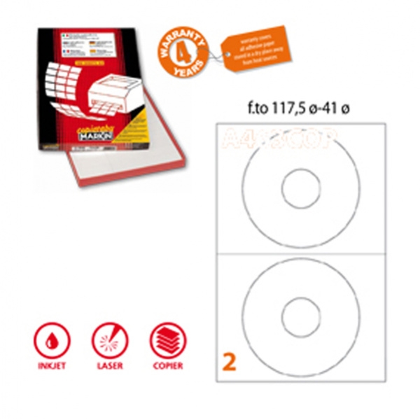 Etichetta adesiva a/462 bianca 100fg x cd ø117,5mm foro41 (2et/fg) coprente - Z02443