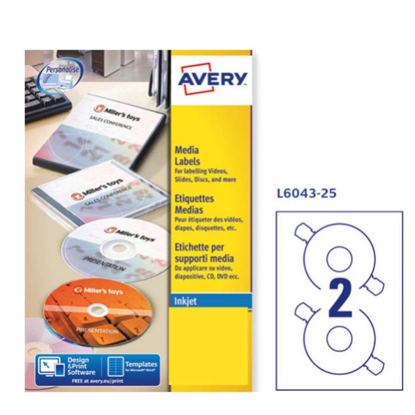 Etichetta adesiva l6043 bianca cd/dvd 25fg A4 ø117 foroø41mm (2et/fg) laser - Z02976