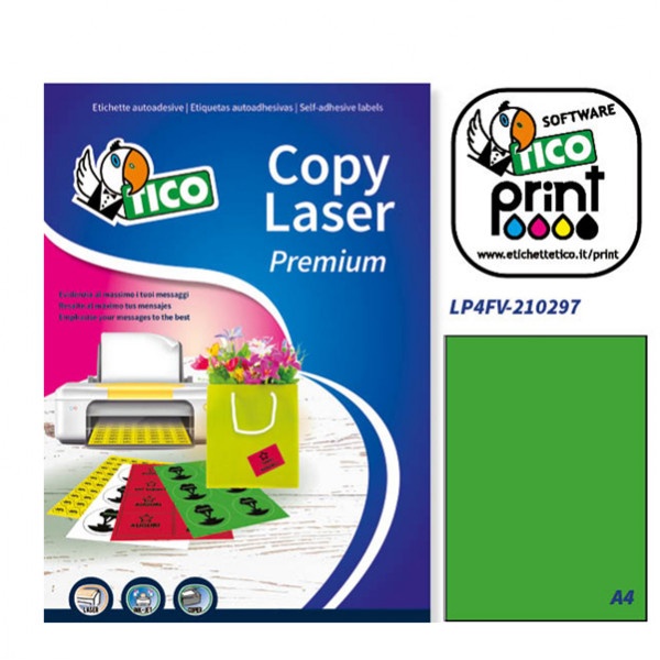 Etichetta adesiva verde fluo 70fg A4 210x297mm (1et/fg) tico - Z03117