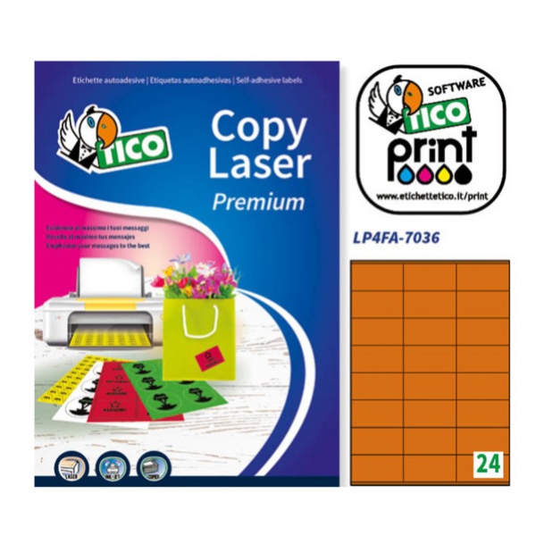 Etichette arancio fluo 70fg A4 24et/fg 70x36 tico - Z03661