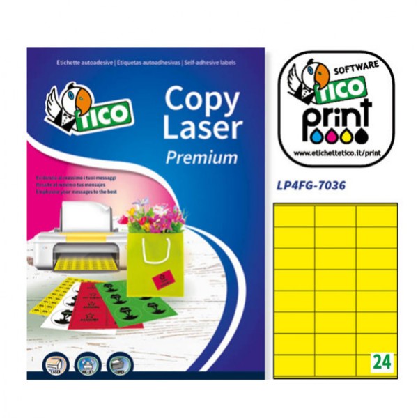 Etichetta adesiva giallo fluo 70fg A4 70x36mm (24et/fg) tico - Z03662