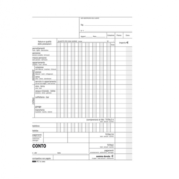 Blocco conto albergo/pensione 15gg 23x15cm 100fg uso mano e5965 - Z04402