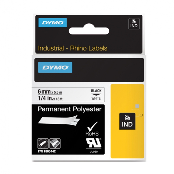 Nastro poliestere permanente 9mm x 5.5mt nero su bianco 18482 rhino - Z05621