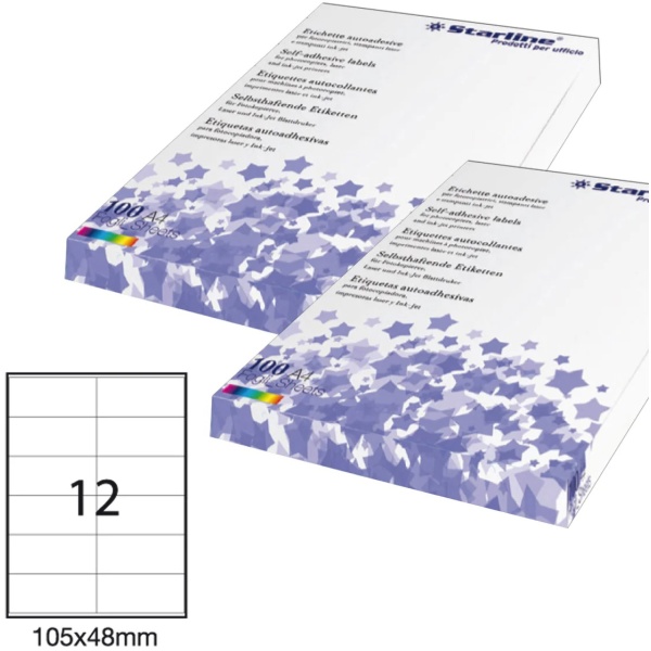 Etichetta adesiva bianca 100fg A4 105x48mm (12et/fg) starline - Z09091