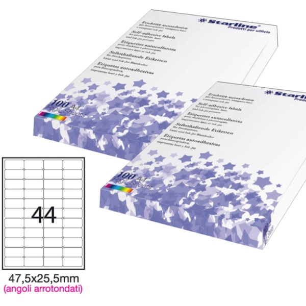 Etichetta adesiva bianca 100fg A4 47,5x25,5mm (44et/fg) angoli tondi starline - Z09105