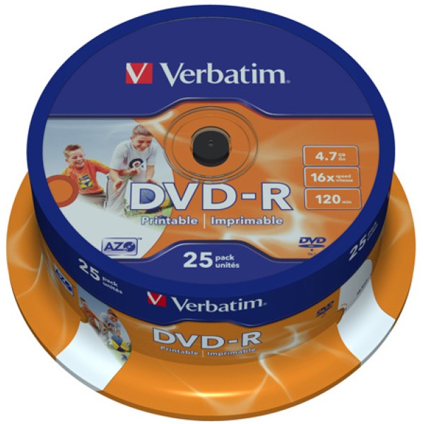 Scatola 25 dvd-r spindle 16x 4.7gb 120min. stampabile wide photo inkjet - Z09419