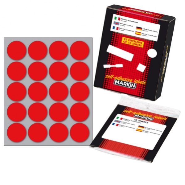 Etichetta adesiva rosso tonda ø27mm (10fogli x 20etichette) markin - Z09659