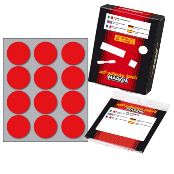 Etichetta adesiva rosso tonda ø34mm (10fogli x 12etichette) markin - Z09668