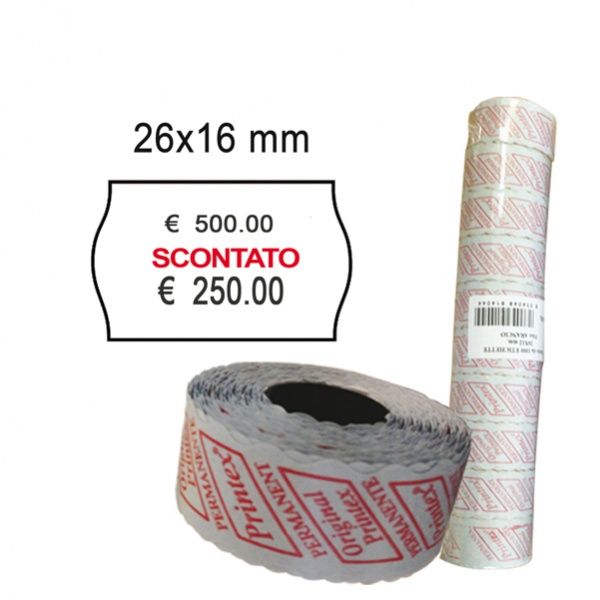 Pack 10 rotoli 1000 etich. 26x16mm onda "scontato" bianco perm. printex - Z10987