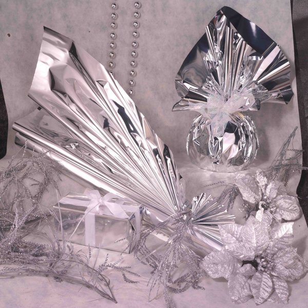 50 buste regalo in ppl metal lucido 20x35+5cm argento con patella adesiva - Z11355