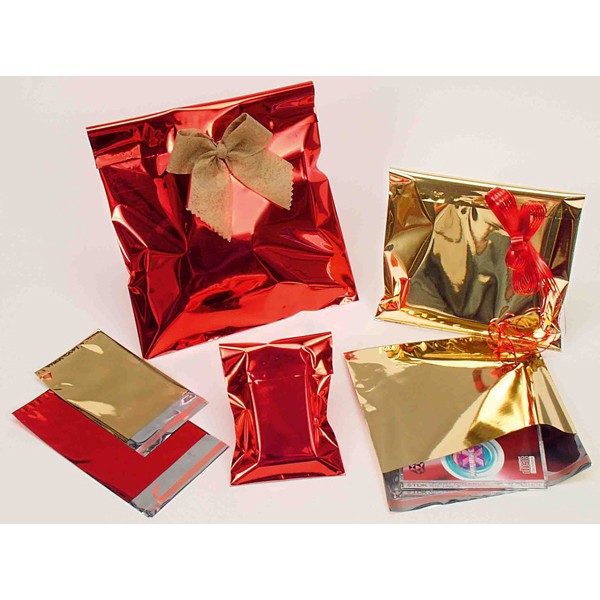 50 buste regalo in ppl metal lucido 35x50+5cm oro con patella adesiva - Z11360