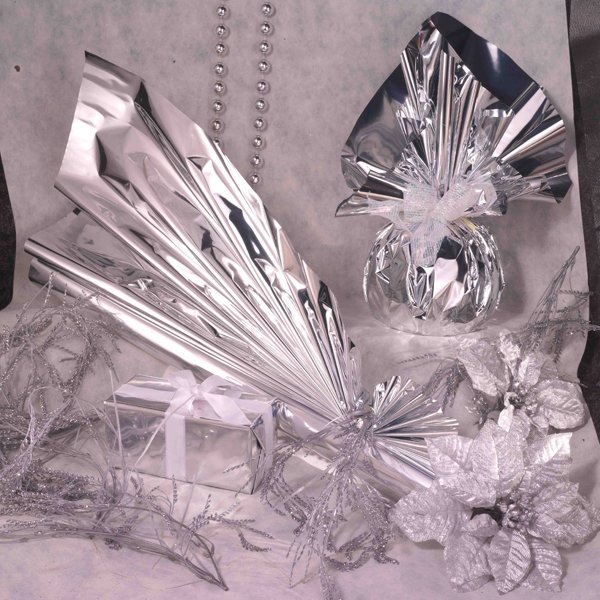 50 buste regalo in ppl metal lucido 35x50+5cm argento con patella adesiva - Z11361