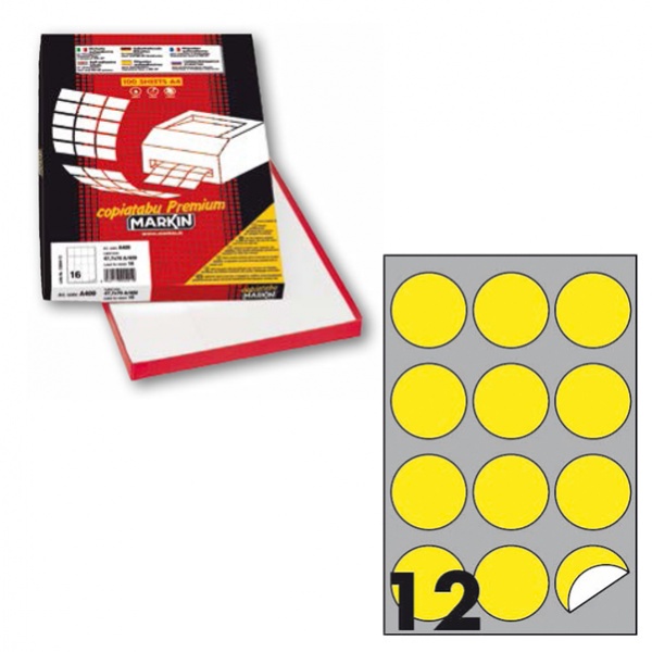 Etichetta adesiva r/310 giallo fluo 100fg A4 tonda ø60mm (12et/fg) markin - Z12375