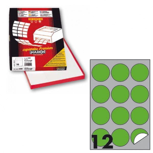 Etichetta adesiva r/310 verde fluo 100fg A4 tonda ø60mm (12et/fg) markin - Z12377