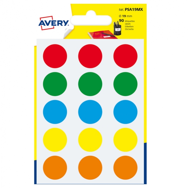 Blister 90 etichetta adesiva tonda PSA col.ass. Ø19mm Avery - Z13804