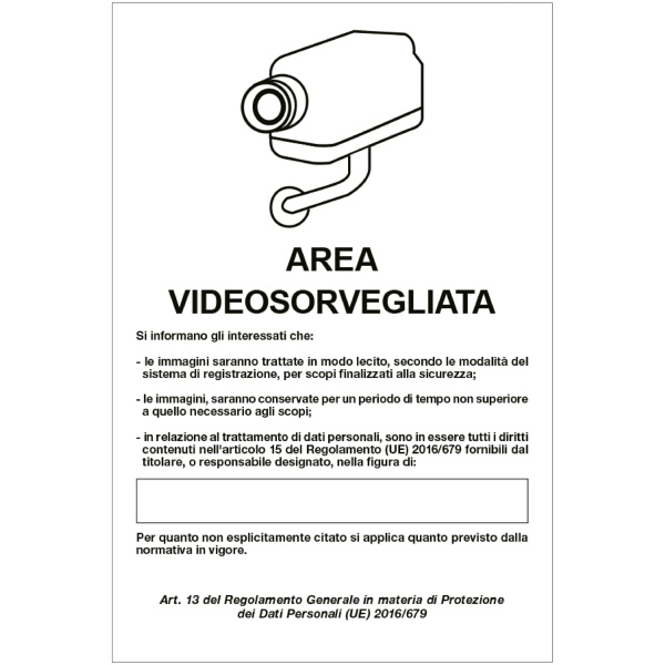 Cartello alluminio 20x30cm 'Area videosorveglianza con registrazion' rif.GDPR' - Z15445